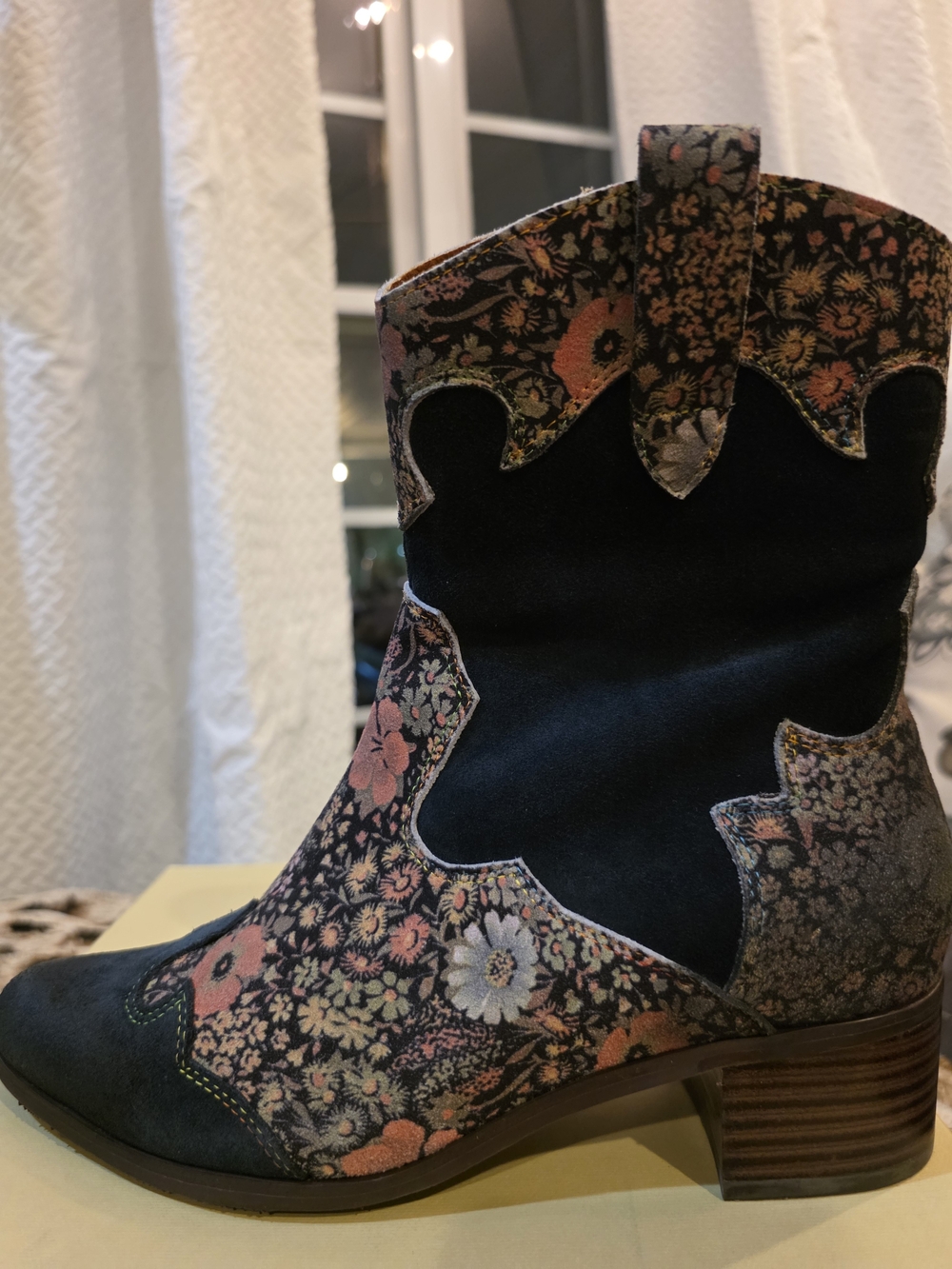 L'ATISTE Black Suede Ankle Boots with Pink and Cream Floral Overlay